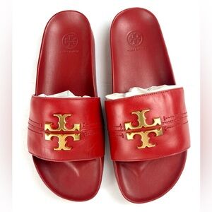 Tory Burch Red Leather Logo Slide Sandals with Gold Hardware